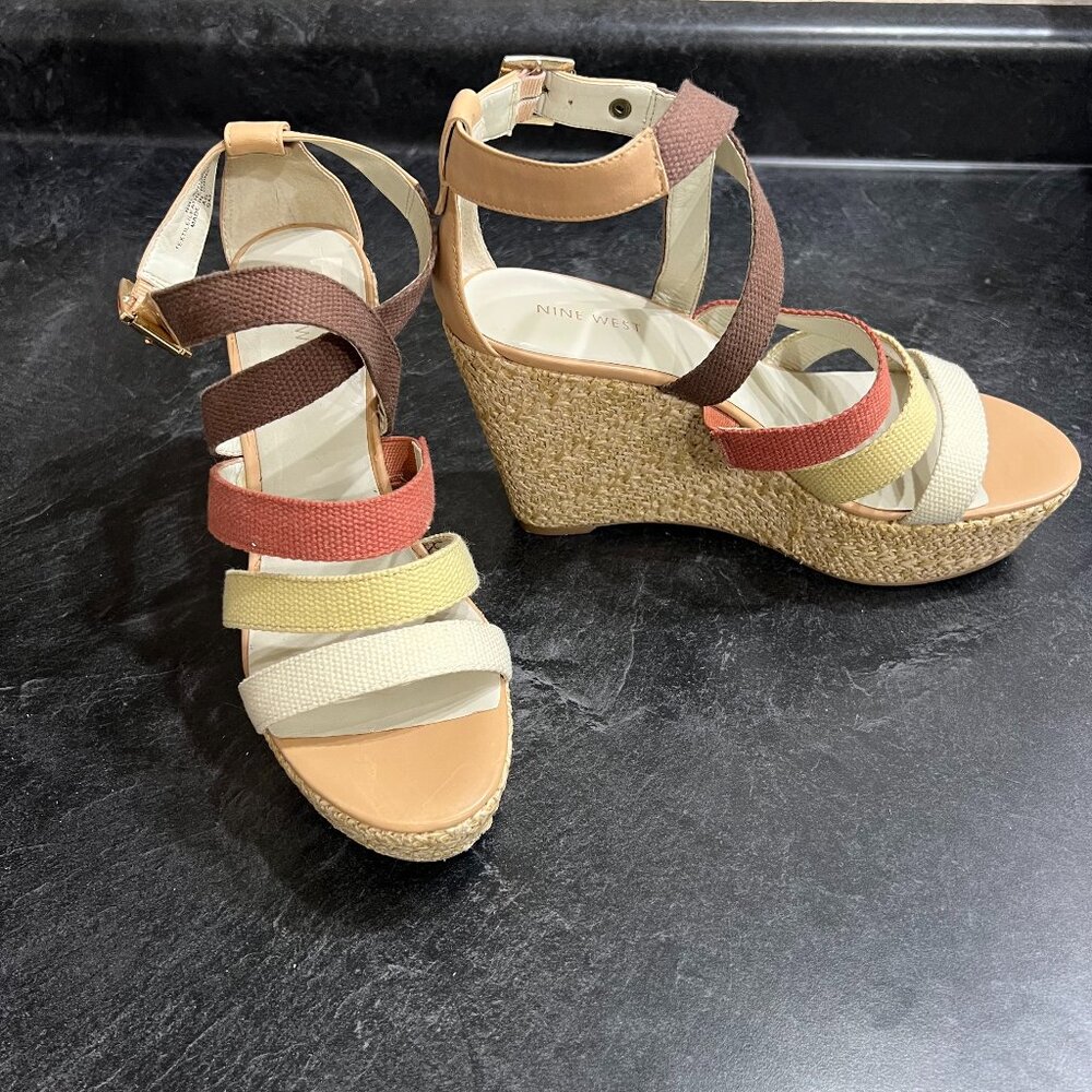 Nine West Espadrille Wedge Heel 9 Brown Pink Yellow White Strap Boho Chic Summer